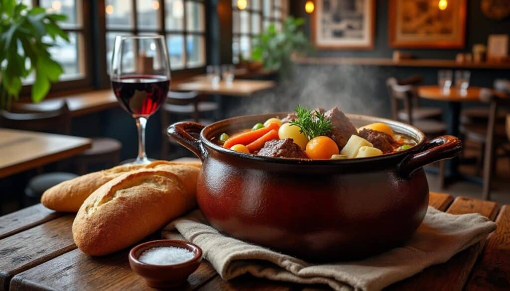 découvrez le pot-au-feu, plat traditionnel de la cuisine familiale français, savoureux et réconfortant, souvent servi dans les brasseries pour un repas authentique.
